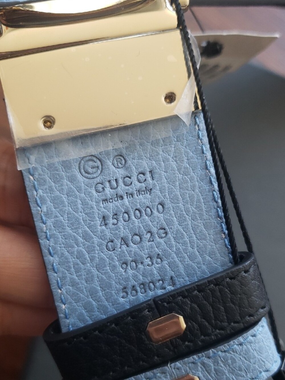 Gucci Light Blue Black Reversible Leather Belt Size 36in Gold Double G Buckle - Picture 5 of 5